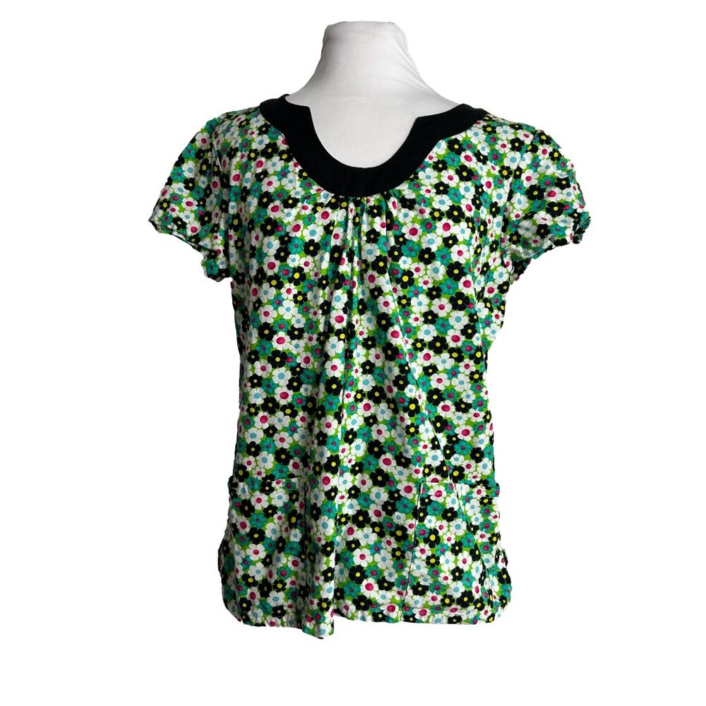 Los Angeles Rose Scrub Top Womens Size Medium Cotton Green Black Pink Floral
